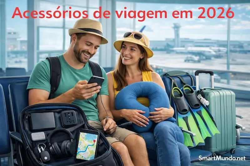 Gadgets portáteis para viagem em 2026 usados por família em aeroporto moderno