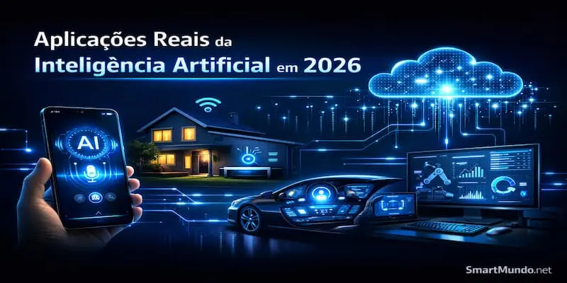 Aplicações reais de inteligência artificial em 2026 no dia a dia, incluindo smartphone com IA, casa inteligente, carro conectado, computador e automação digital