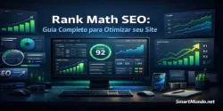 Painel de SEO com gráficos de crescimento e métricas de tráfego orgânico exibidos em um dashboard moderno, representando o uso do Rank Math SEO para otimização de sites WordPress