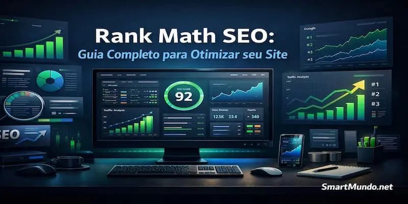 Painel de SEO com gráficos de crescimento e métricas de tráfego orgânico exibidos em um dashboard moderno, representando o uso do Rank Math SEO para otimização de sites WordPress