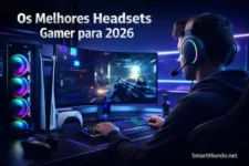 Setup gamer moderno com jogador usando headset gamer em 2026, PC gamer RGB e console, representando os melhores headsets gamer do ano