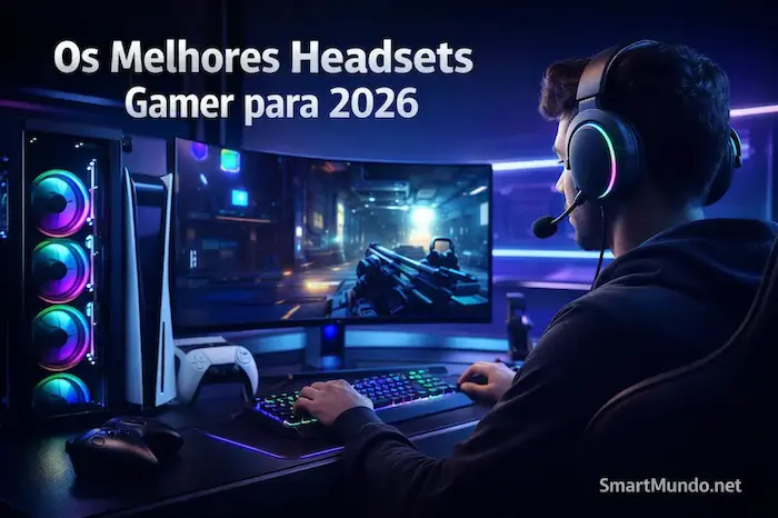 Setup gamer moderno com jogador usando headset gamer em 2026, PC gamer RGB e console, representando os melhores headsets gamer do ano