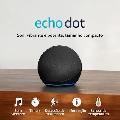 Echo Dot 5ª Geração preta, smart speaker compacto com Alexa e sensor de temperatura.