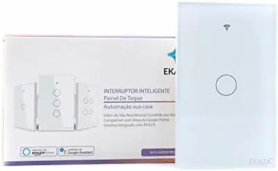 Interruptor inteligente branco de 1 botão da marca EKAZA ao lado de sua embalagem.