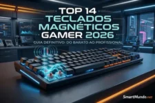 Banner "Top 14 Teclados Magnéticos Gamer 2026" com teclado mecânico em laboratório tecnológico mostrando switches com campo magnético e Rapid Trigger. SmartMundo.net.