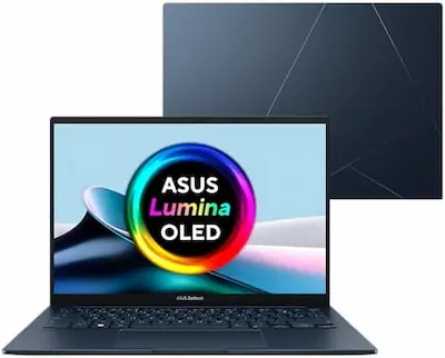 Notebook ASUS Zenbook 14 OLED Ponder Blue exibindo tela vibrante e design ultrafino premium.