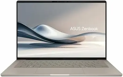 Notebook ASUS Zenbook A14 ultrafino na cor Zabriskie Beige com tela OLED de 14 polegadas e selo Copilot+ IA.