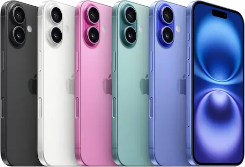 Lineup de cores do iPhone 16: Preto, Branco, Rosa, Verde-Menta e Ultramarino