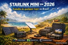 Kit Starlink Mini portátil com antena satelital, painel solar e estação de energia funcionando em ambiente off-grid à beira-mar no Brasil em 2026
