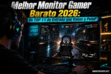 Jogador focado em um monitor gamer curvo de 24 polegadas exibindo um jogo de tiro competitivo (FPS), com o título "Melhor Monitor Gamer Barato 2026" em destaque.