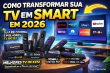 Como Transformar sua TV em Smart em 2026 mostrando modelos SmartPro 4K, Roku Express e Fire TV Stick em uma mesa com uma TV ao fundo exibindo apps de streaming.