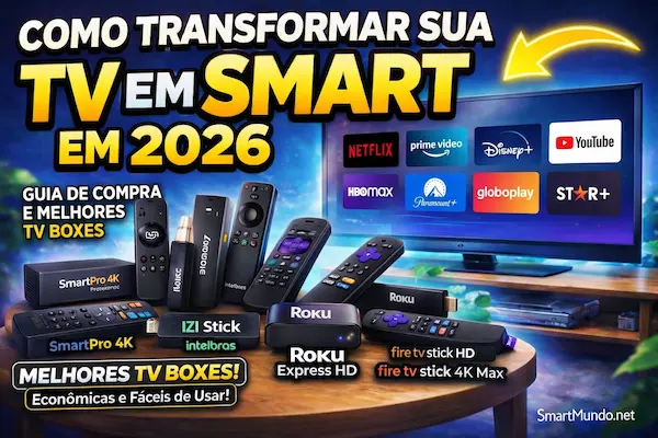 Como Transformar sua TV em Smart em 2026 mostrando modelos SmartPro 4K, Roku Express e Fire TV Stick em uma mesa com uma TV ao fundo exibindo apps de streaming.