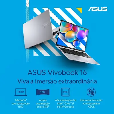 Notebook ASUS Vivobook 16 na cor prata, exibindo a tela de 16 polegadas IPS FHD e design fino com processador Intel Core i7.