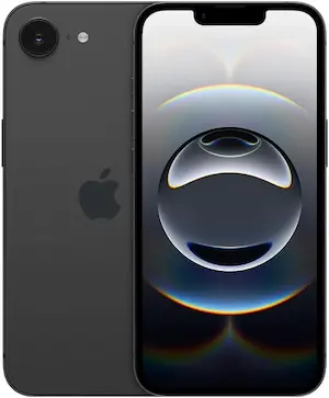 Apple iPhone 16e de 128GB na cor preto visto de frente com a tela ligada e de costas mostrando a câmera traseira única e o logotipo da Apple.