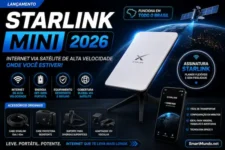 Banner promocional da Starlink Mini 2026 mostrando antena portátil de internet via satélite, acessórios originais, aplicativo de conexão e destaque para assinatura com cobertura em todo o Brasil.